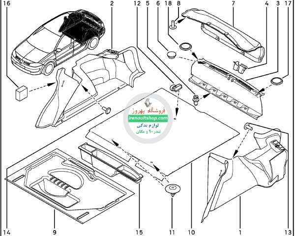 قطعات داخل صندوق عقب مگان | قطعات داخل صندوق عقب مگان , قطعات داخل صندوق عقب megane , قطعات داخل صندوق عقب مگان , قطعات داخل صندوق عقب مگان , برای مگان , مگان , مگان 2 نمد پالانی چپ و راست داخل صندوق مگان , کاور سینی عقب داخل صندوق مگان , کاور زبانه قفل صندوق مگان , خار پاینن کاور سینی عقب داخل صندوق مگان , نمد درب صندوق و خارهای مربوطه مگان , موکت قالبی روی زاپاس مگان , خار بزرگ کاور سینی صندوق مگان , موکت کف صندوق مگان , خار موکت کف صندوق مگان , فوم نگهداری ابزار