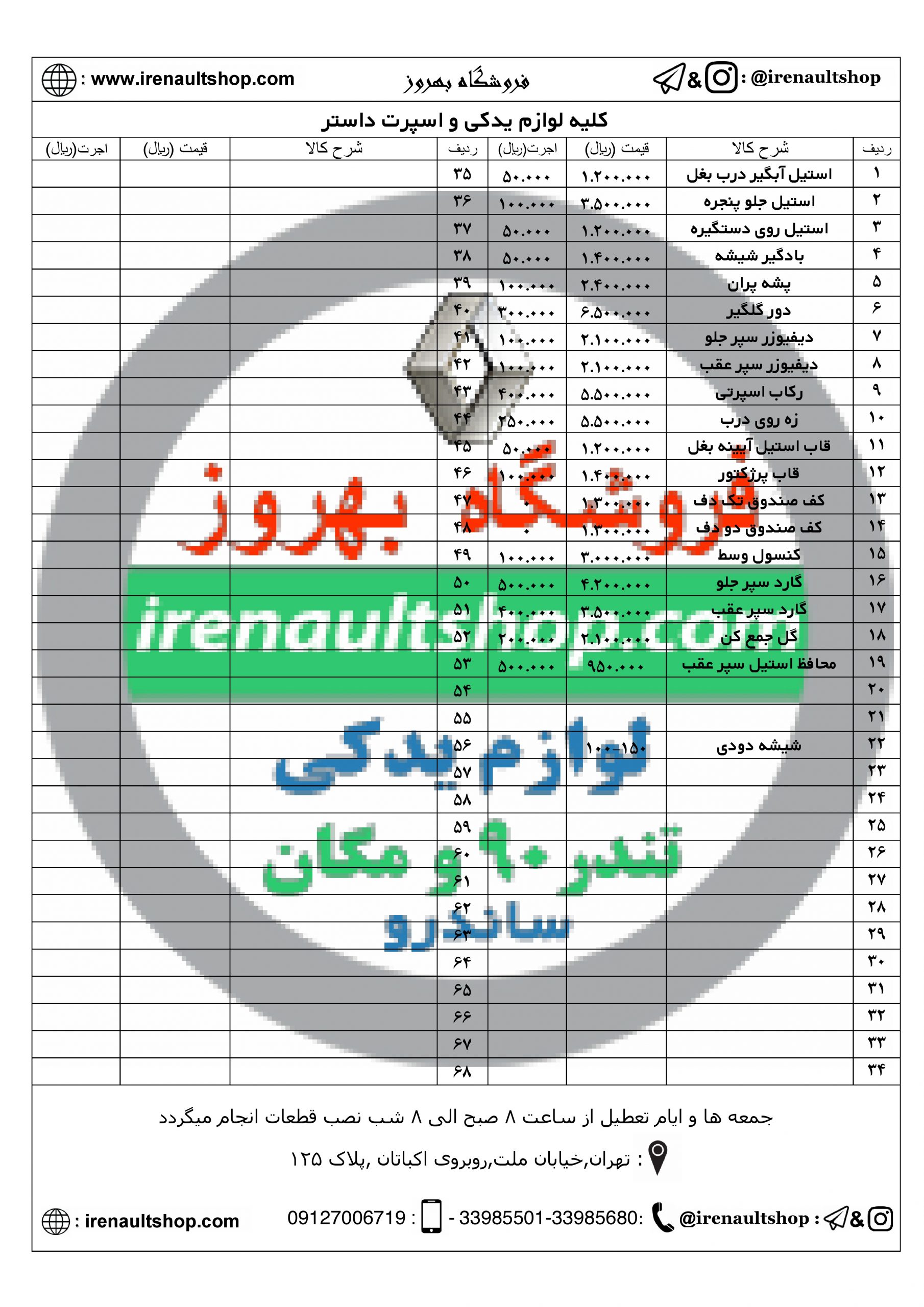 لیست قیمت آپشن های رنو داستر - لوازم یدکی و آپشن های اسپرت رنو ( داستر - ال 90 - ساندرو - استپ وی -فلوئنس )
